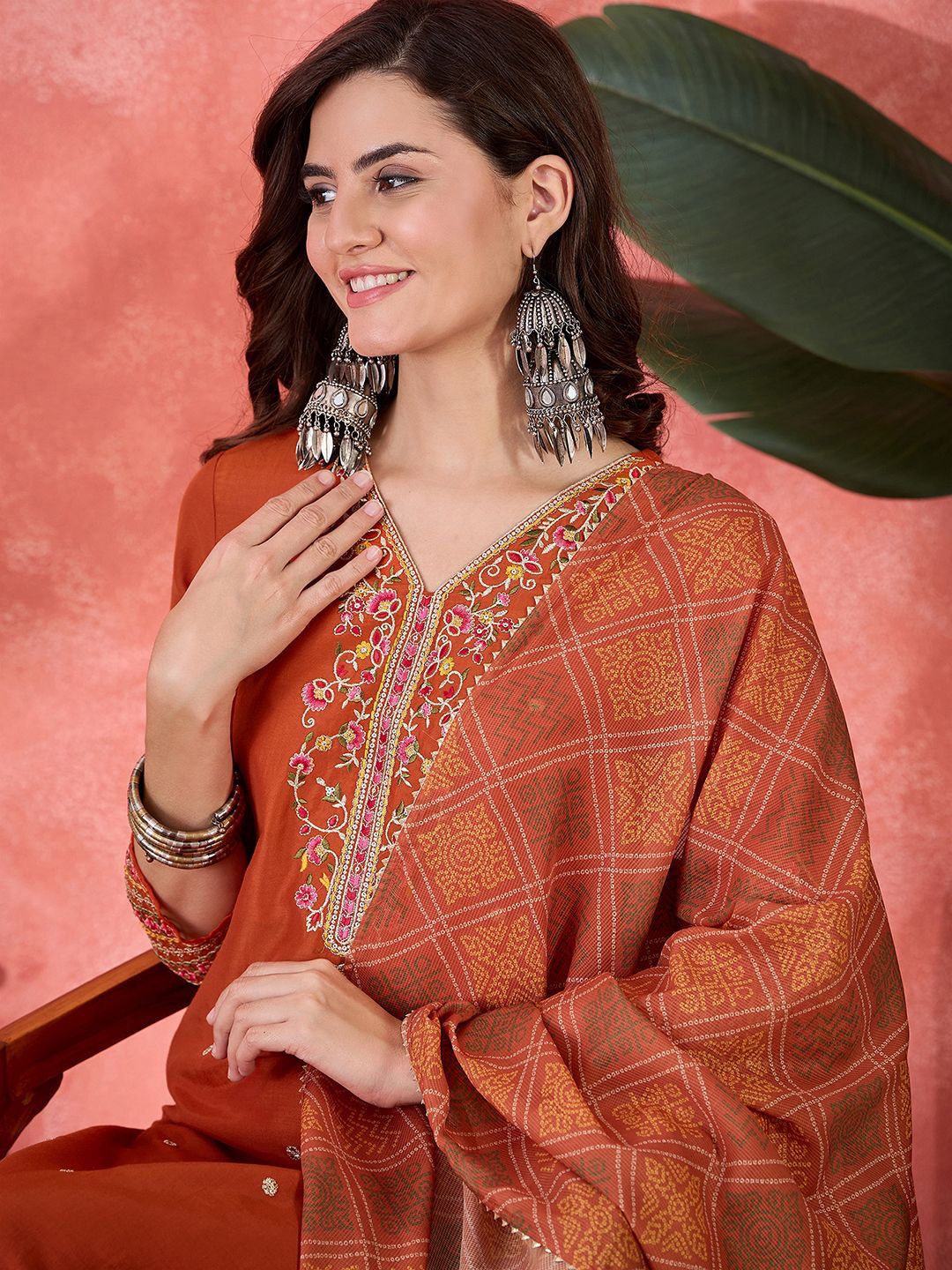 Indyancart SN Women's Floral Embroidered Kurta with Trousers & Dupatta