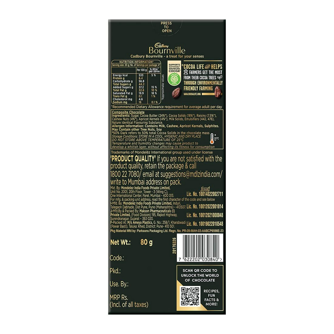 Cadbury Bournville Fruit and Nut dark chocolate bar with visible pieces of fruit and nuts in smooth dark chocolate