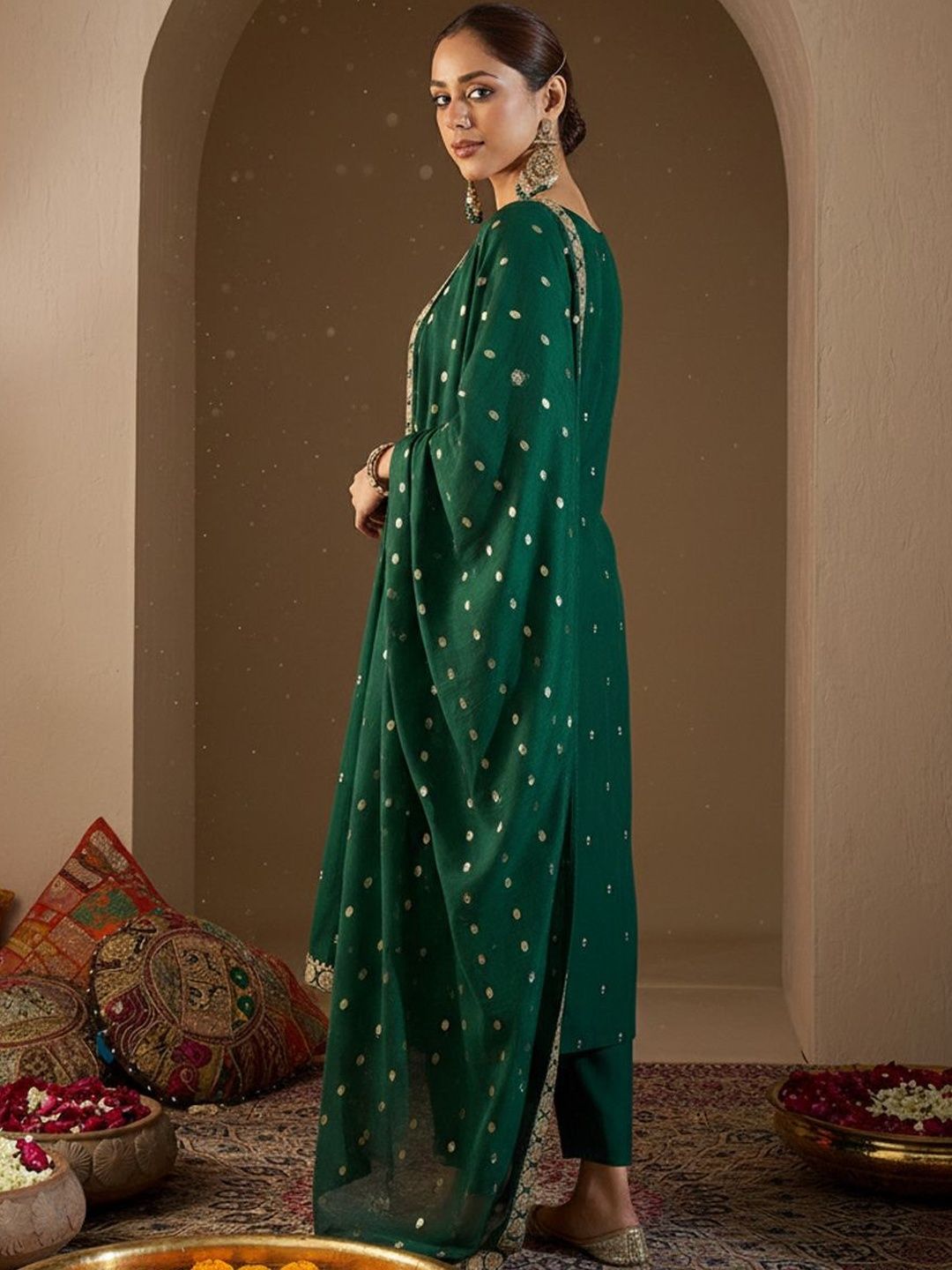 Women Ethnic Motifs Embroidered Regular Kurta with Trousers & With Dupatta