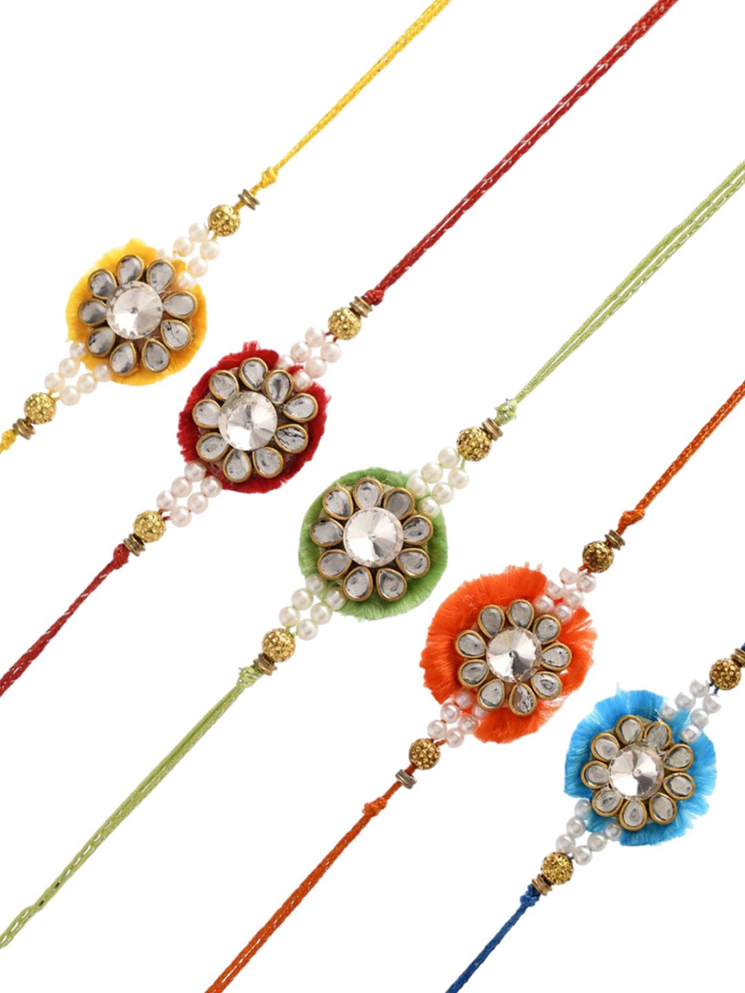 Anouk Green Set Of 5 Kundan & Pearl Beaded Thread Rakhis With Roli Chawal & Greeting Card