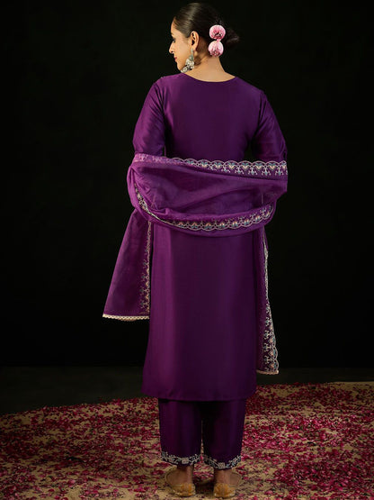 Indyancart IE Purple Floral Embroidered Straight Kurta with Trousers & Dupatta
