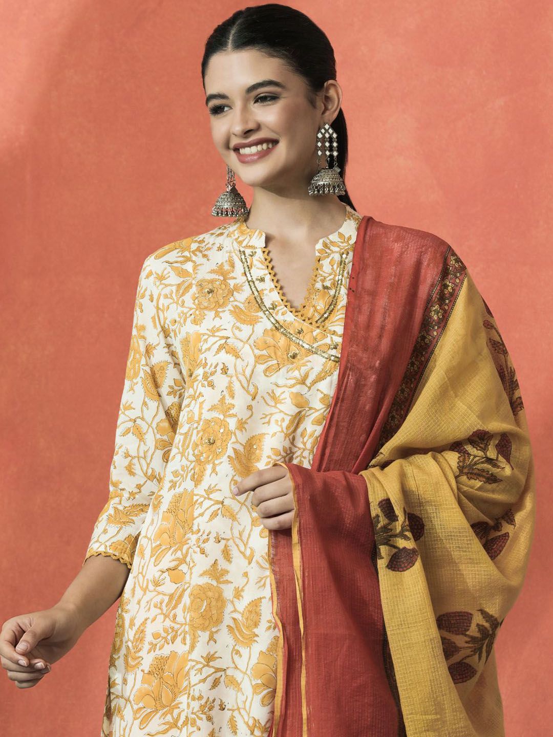 Indyancart SN Women's Floral Printed Mandarin Collar Pure Cotton A-Line Kurta With Trouser & Dupatta