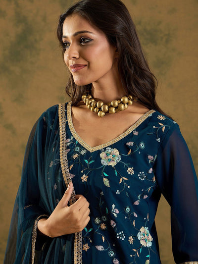 Indyancart IE Floral Embroidered Thread Work Regular Sleeves V-Neck Georgette Kurta Set