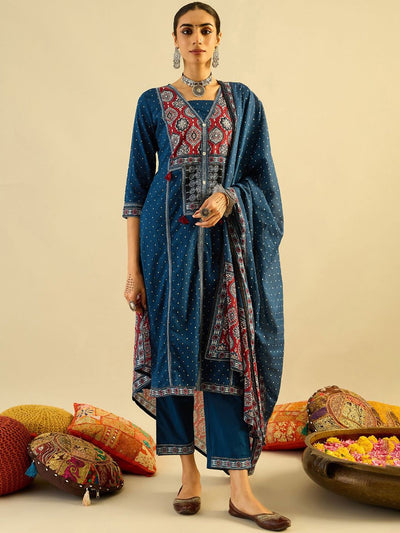 Indyancart IE Ethnic Motifs Printed Pure Cotton Straight Kurta With Trousers & Dupatta