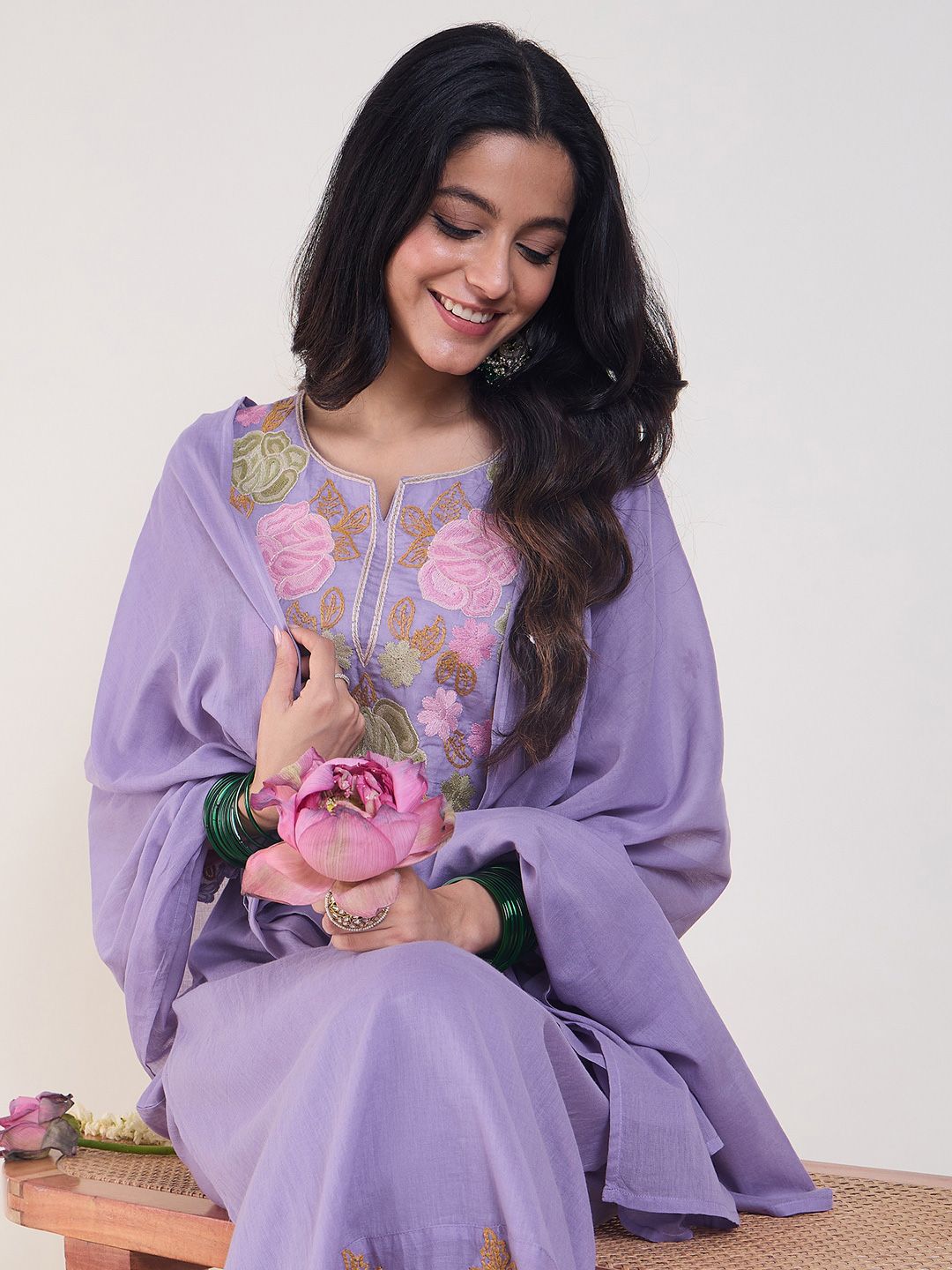 Floral Embroidered Notch Neck Pure Cotton Kurta & Trousers With Dupatta