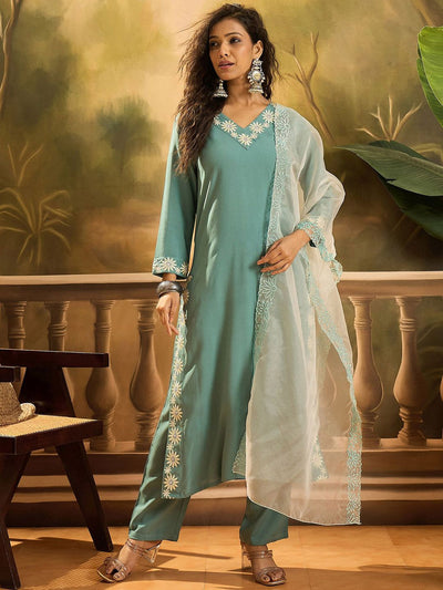 Indyancart SN Women's Embroidered V-Neck Kurta & Trousers With Dupatta