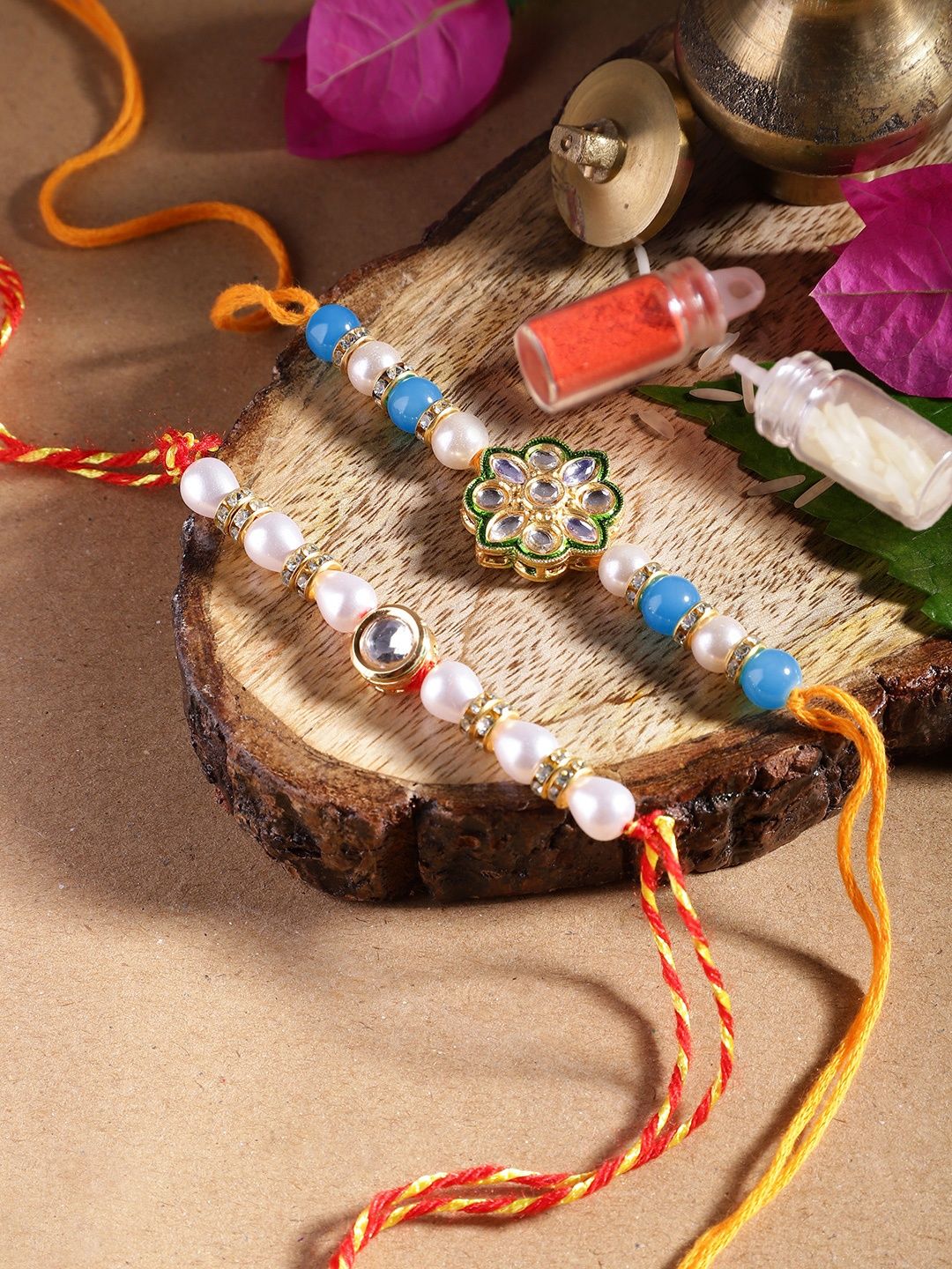 Anouk Unisex Set of 2 Beaded Bhai Bhabhi Rakhis With Roli & Chawal