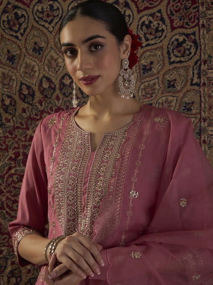 Indyancart IE Ethnic Motifs Embroidered Regular Straight Kurta With Palazzos & Dupatta