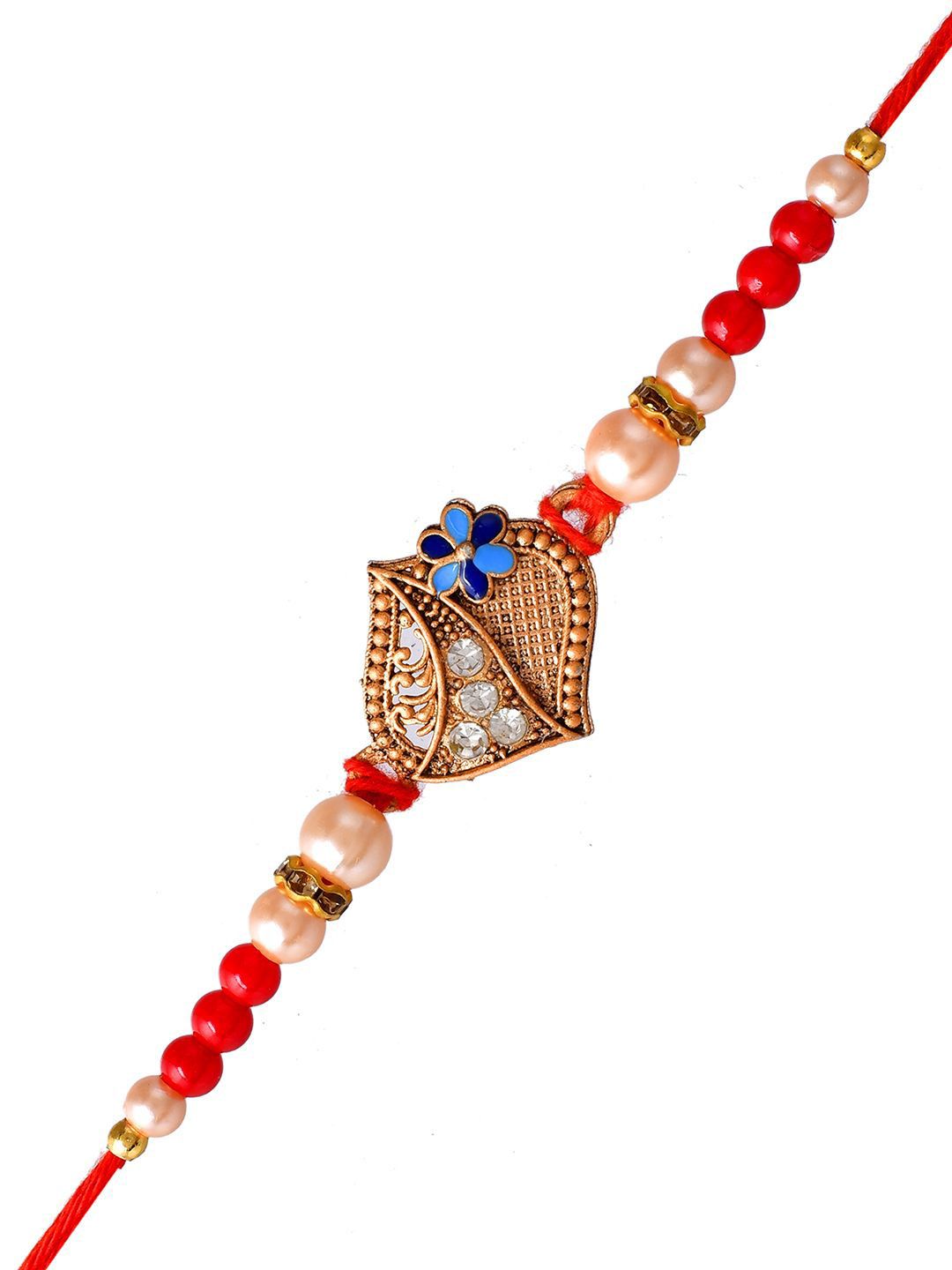 Anouk Gold-Toned Stone-Studded & Beaded Rakhi With Roli Chawal & Greeting Card