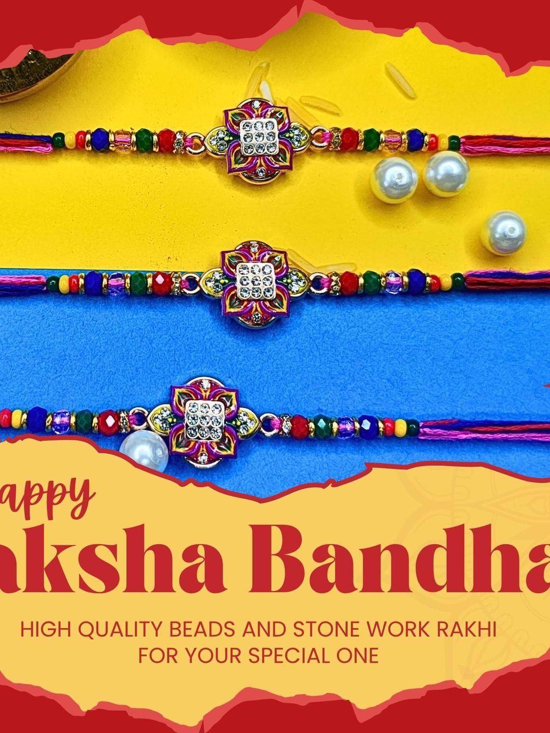Anouk Set Of 3 Beaded Cotton Thread with AD Stones & Meenakari Designer Rakhi for Brother