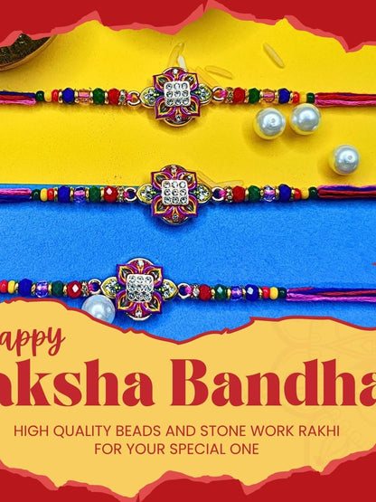 Anouk Set Of 3 Beaded Cotton Thread with AD Stones & Meenakari Designer Rakhi for Brother