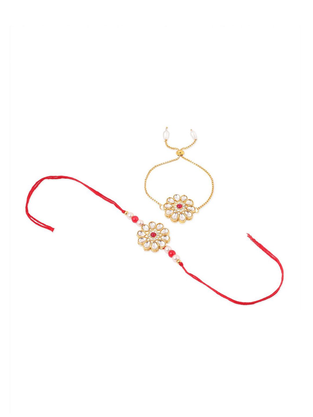 Anouk Set Of 2 Gold Toned Kundan Floral Design Bhaiya Bhabhi Rakhi Set With Roli Chawal