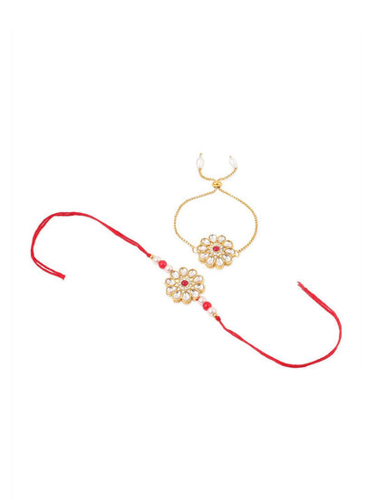 Anouk Set Of 2 Gold Toned Kundan Floral Design Bhaiya Bhabhi Rakhi Set With Roli Chawal
