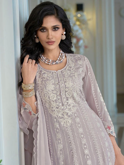 Dhiyona IE Floral Embroidered Thread Work Organza A-Line Kurta & Trousers With Dupatta