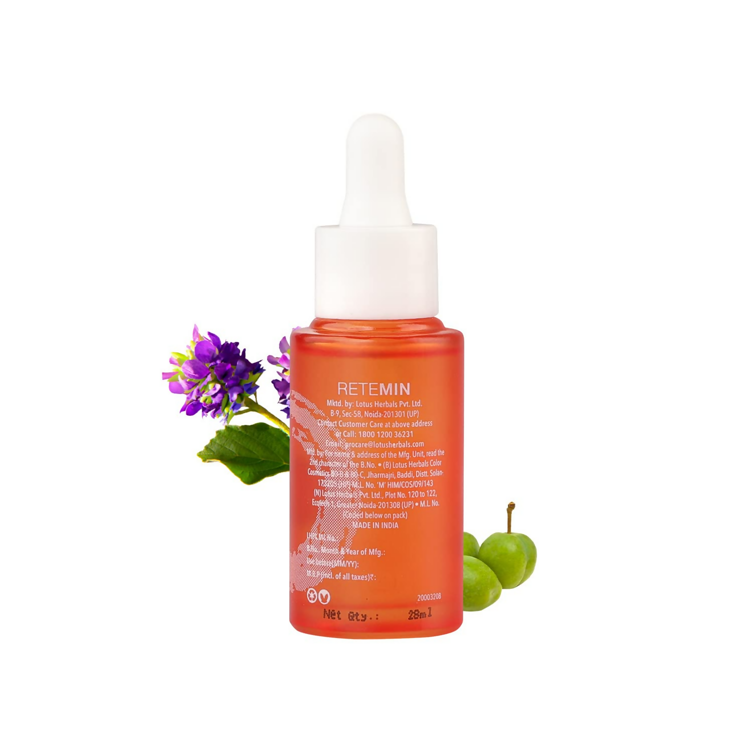 Lotus Herbals Retemin Plant Retinol and Vitamin C brightening facial oil in a clear glass bottle with dropper applicator