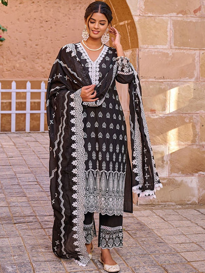 Women Ethnic Motifs Embroidered Regular Pure Cotton Kurta With Trousers & Dupatta