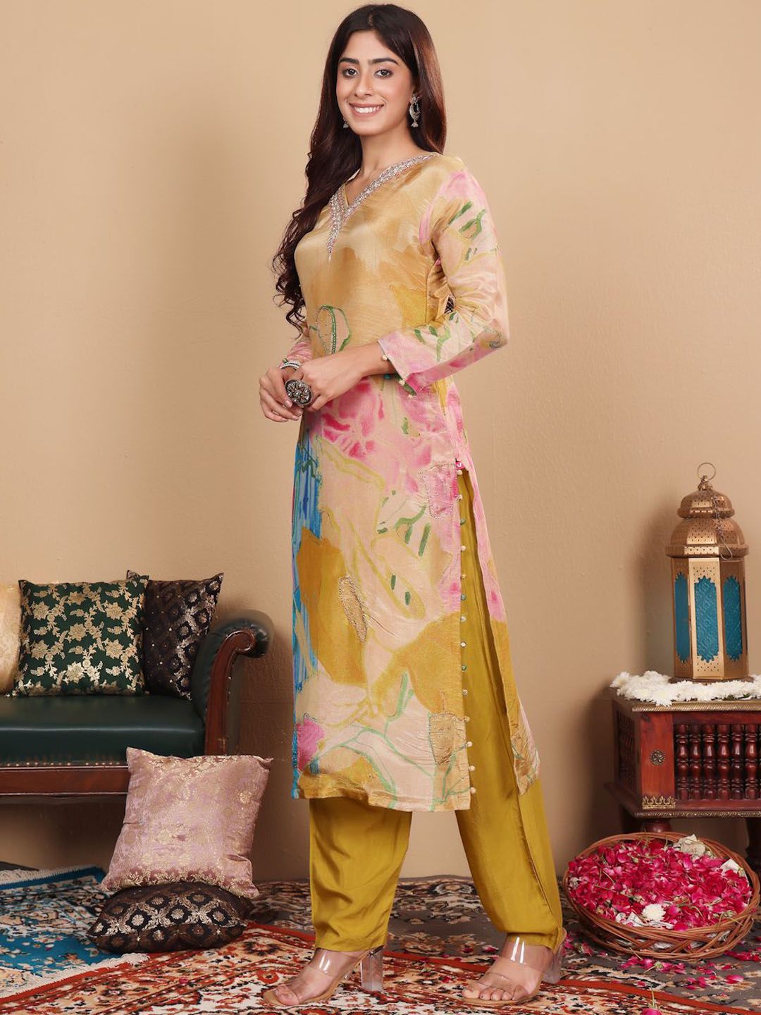 Indyancart VA Floral Embroidered Pure Silk Straight Kurta with Palazzos & With Dupatta