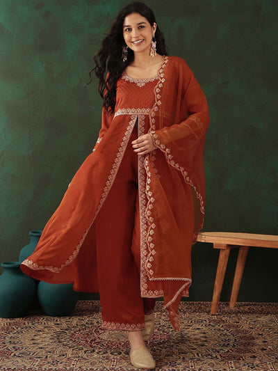 Indyancart SN Women's Sequence Embroidered Front Slit Kurta With Trousers & Dupatta