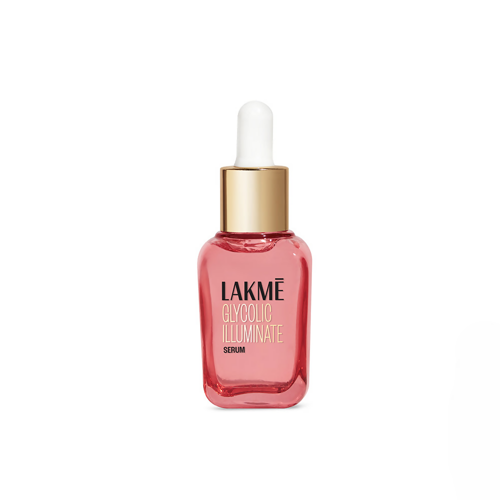 Lakme Glycolic Illuminate Serum in a sleek glass bottle with dropper, showcasing the skincare product for radiant skin.