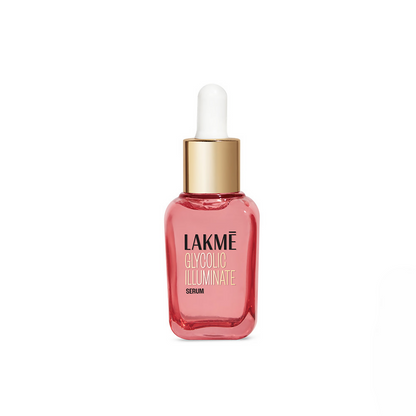 Lakme Glycolic Illuminate Serum in a sleek glass bottle with dropper, showcasing the skincare product for radiant skin.