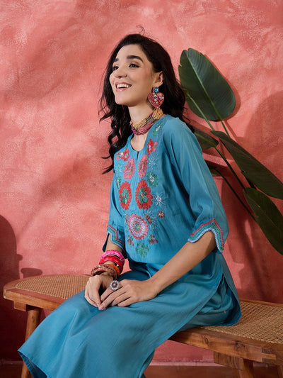 Indyancart SN Women's Floral Yoke Design Notch Neck Sequinned Straight Kurta With Trouser