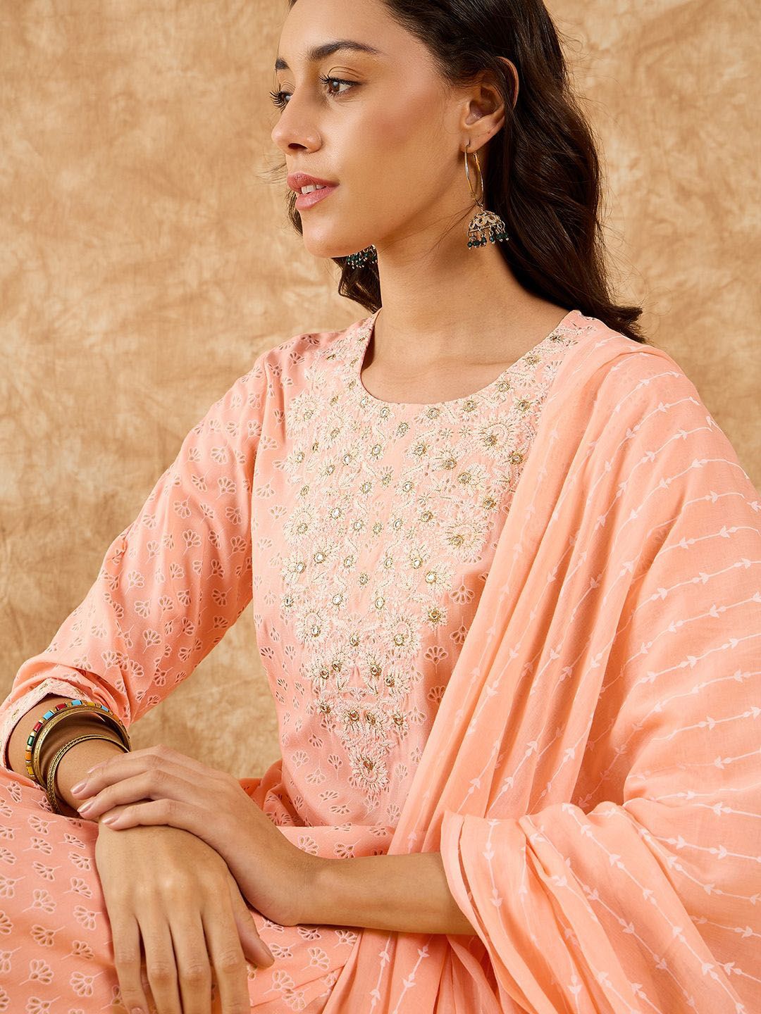 Floral Printed Straight Mirror Work Kurta with Trousers & Dupatta