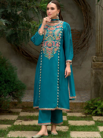 Dhiyona IE Floral Embroidered A-Line Round Neck Beads & Stones Kurta With Trousers & Dupatta