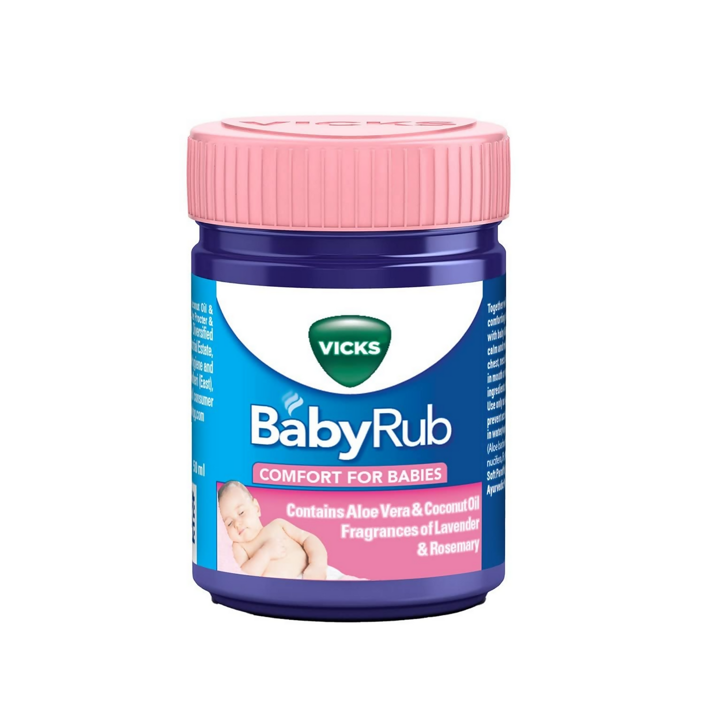 Vicks BabyRub Ayurvedic balm for babies, featuring natural ingredients in a small jar with a child-friendly label.