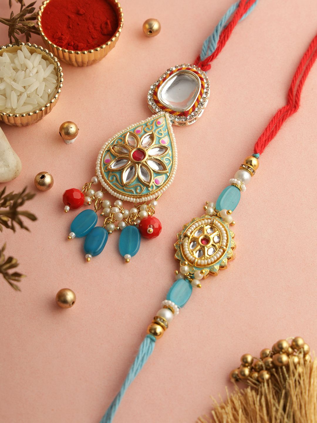 Anouk Bhaiya Bhabhi Kundan Studded Enameled Thread Rakhi With Roli Chawal & Greetings Card