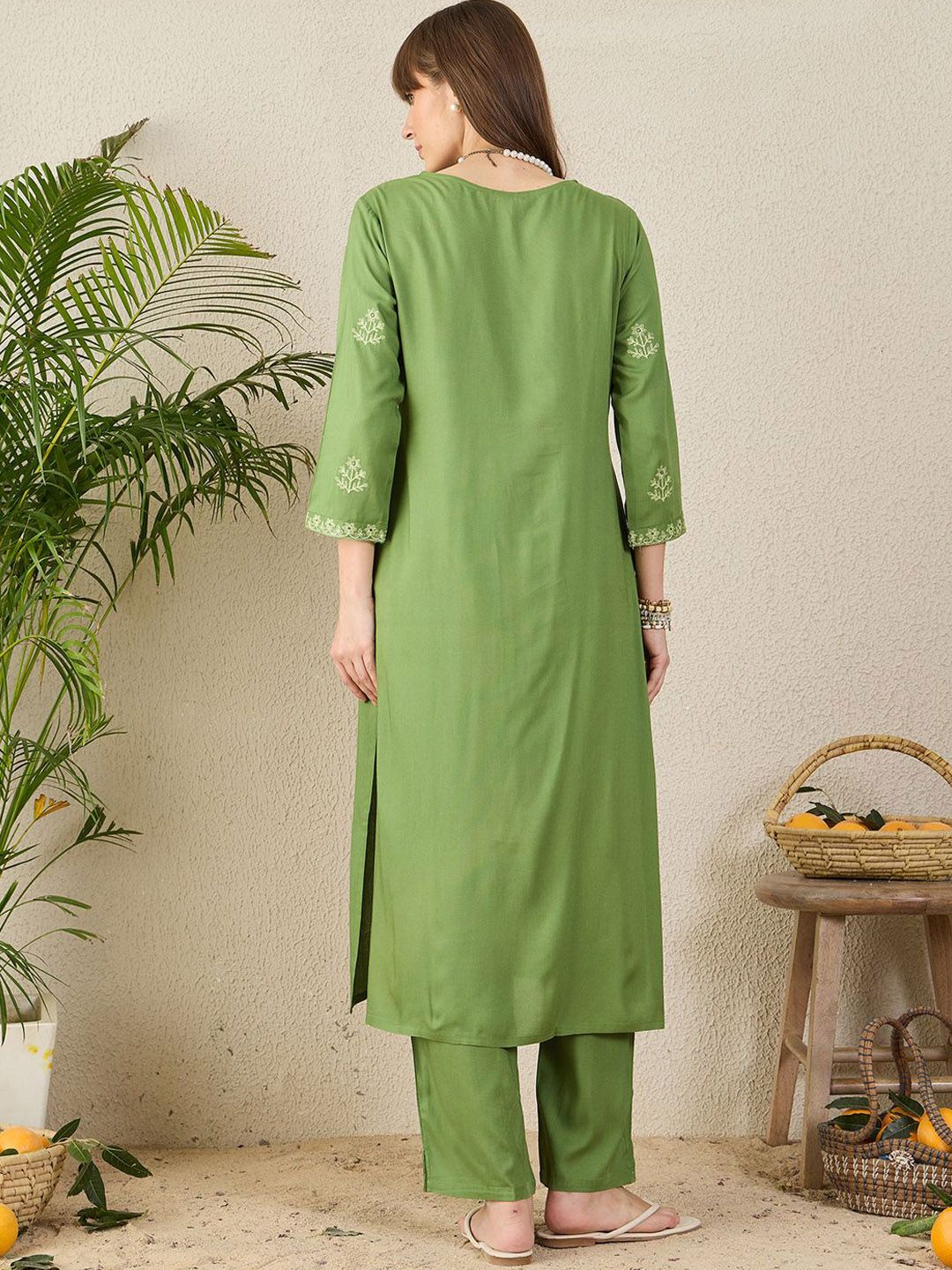 Indyancart IE Embroidered Notch Neck Tunic With Trouser