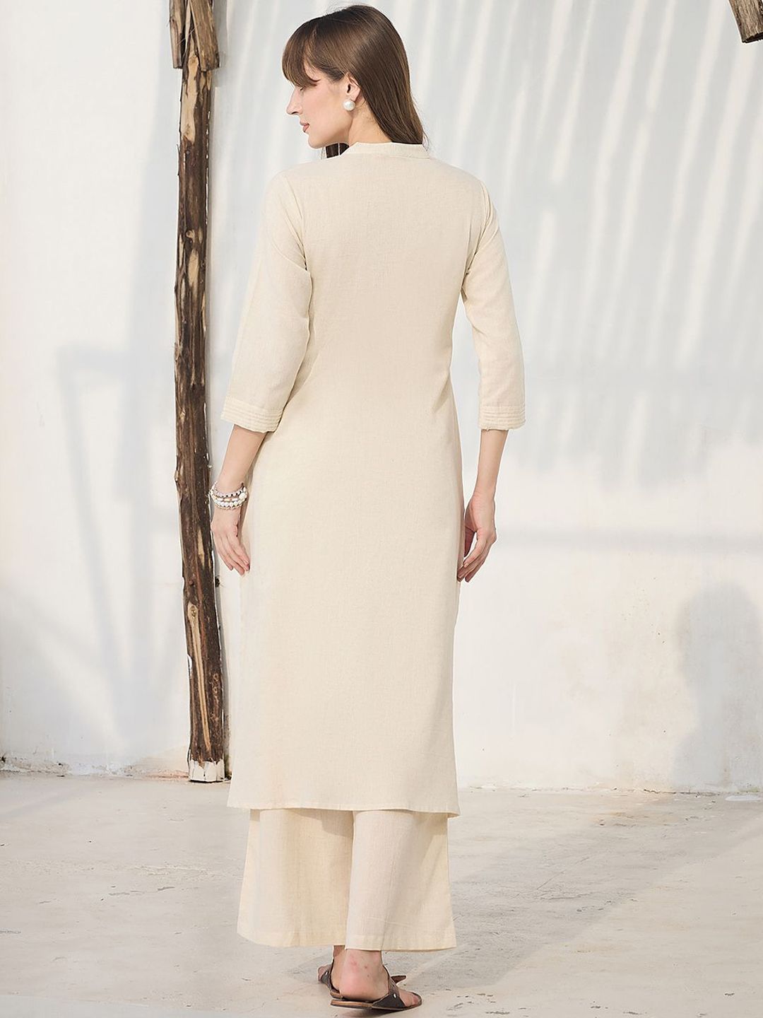 Indyancart IE Floral Printed Pure Cotton Mandarin Collar Tunic With Trousers