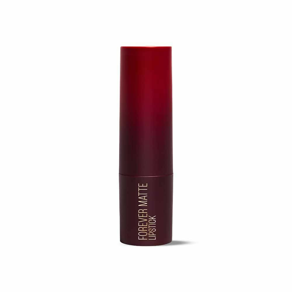 Lakme Forever Matte Lipstick in Pink Prom with French Rose Oil, showing the lipstick tube and swatch on lips.