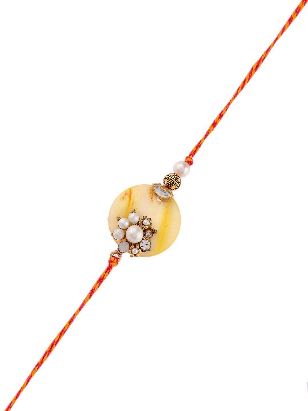 Anouk White Pearl-Beaded Rakhi With Roli Chawal & Greeting Card
