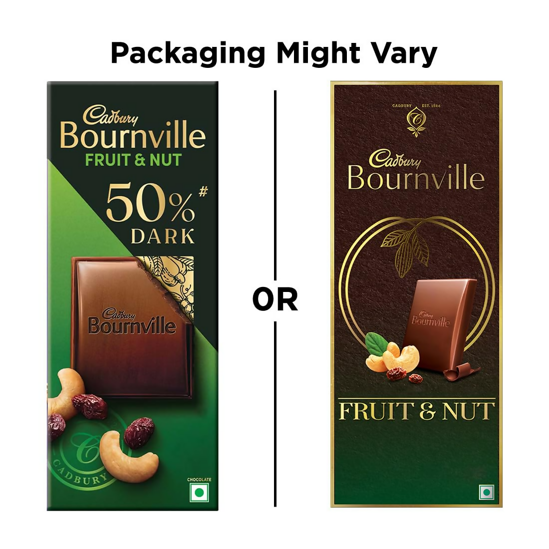 Cadbury Bournville Fruit and Nut dark chocolate bar with visible pieces of fruit and nuts in a sleek chocolate bar form