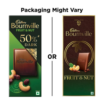 Cadbury Bournville Fruit and Nut dark chocolate bar with visible pieces of fruit and nuts in a sleek chocolate bar form