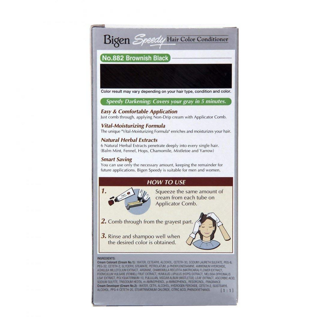 Bigen Hair Colour Conditioner in Brownish Black 882, showing the conditioner bottle with the product label and hair color swatch