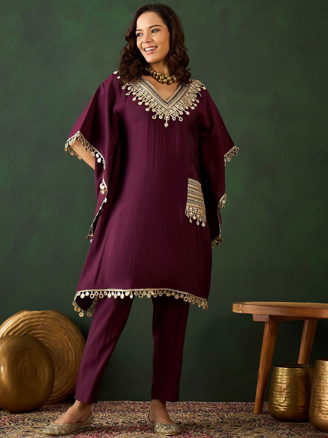 Indyancart SN Women's Burgundy Geometric Embroidered V-Neck Mirror Work Kaftan With Trousers
