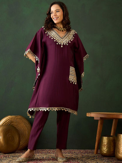 Indyancart SN Women's Burgundy Geometric Embroidered V-Neck Mirror Work Kaftan With Trousers