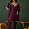 Indyancart SN Women's Burgundy Geometric Embroidered V-Neck Mirror Work Kaftan With Trousers