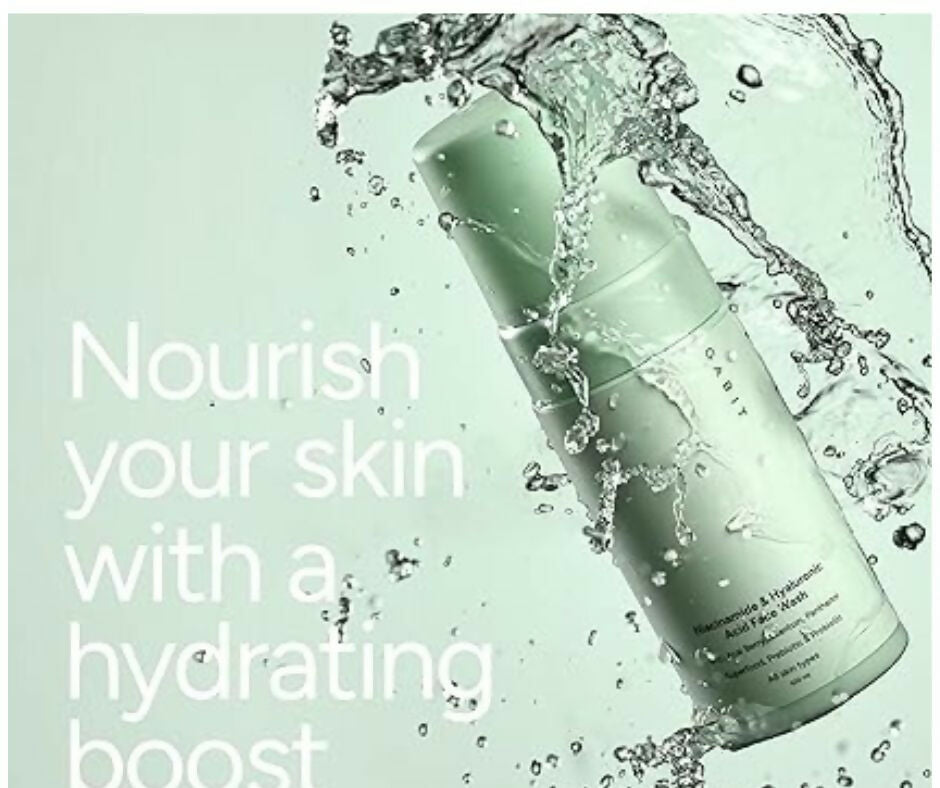 Gabit Niacinamide and Hyaluronic Acid Foaming Face Wash in a pump bottle, showing the product label and foaming texture.