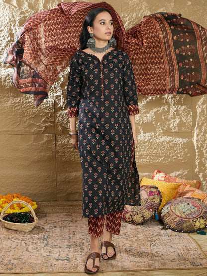 Dhiyona IE Women Ethnic Motifs Printed Regular Pure Cotton Kurta with Trousers & Dupatta
