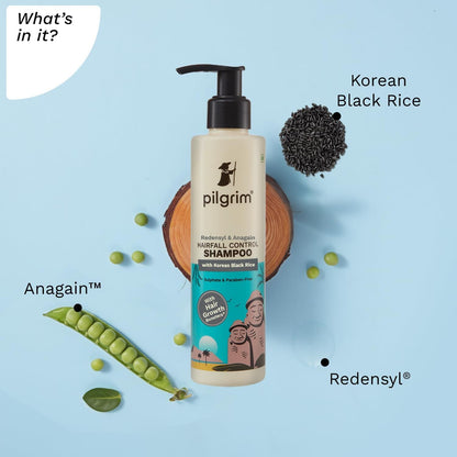 Pilgrim Redensyl and Anagain hairfall control shampoo with Korean black rice for strengthening and reducing hair loss.