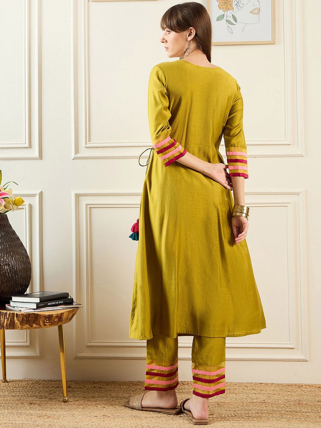 Floral Yoke Design Thread Work A-Line Liva Kurta With Trousers