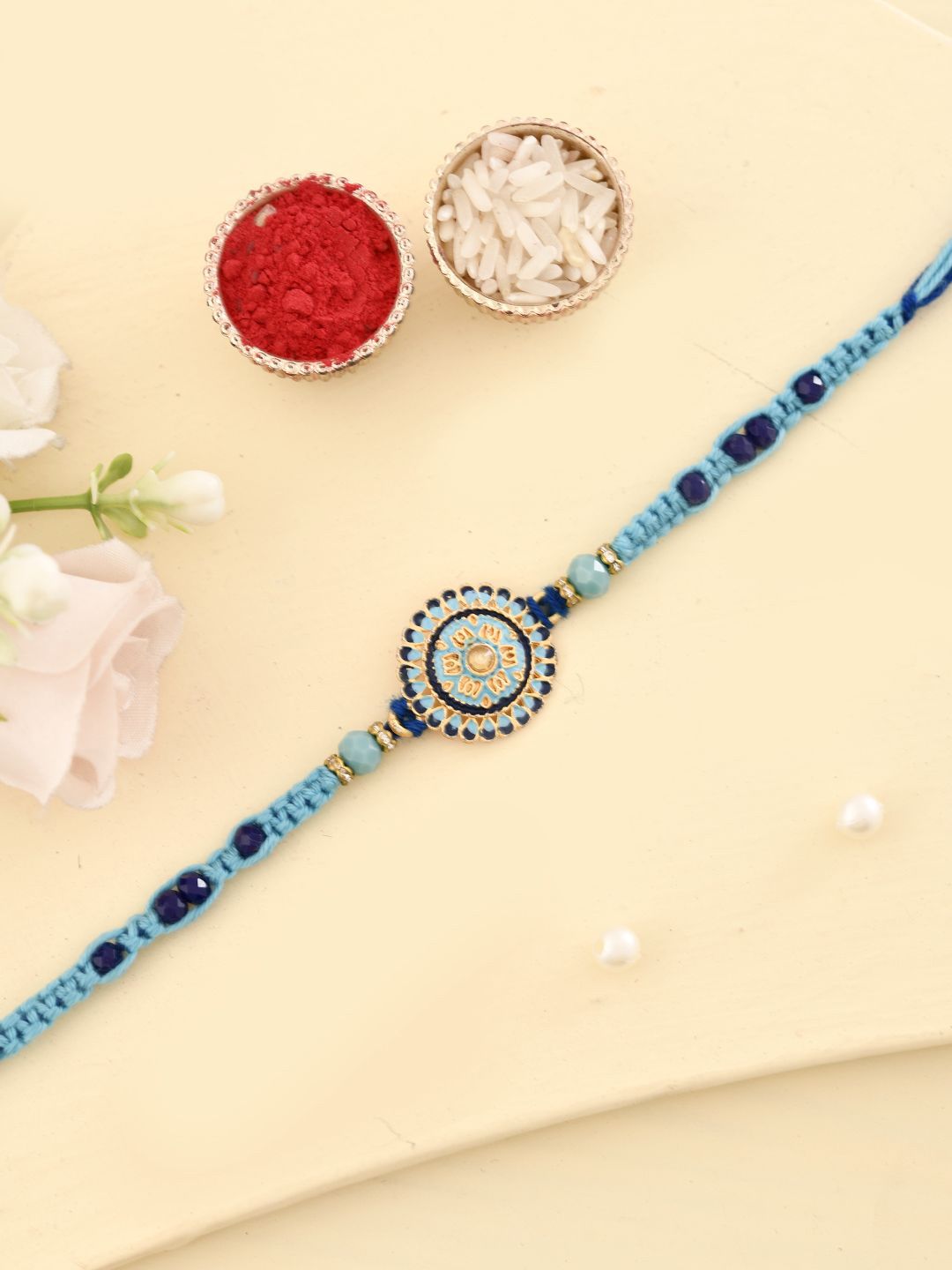 Anouk Enameled Beaded Thread Rakhi With Roli Chawal & Greetings Card