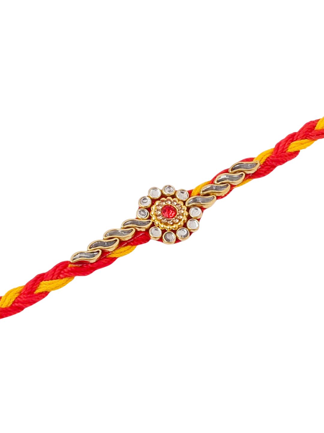 Anouk Men Set Of 3 Red & Yellow Kundan Studded Floral Design Thread Rakhi With Roli Chawal