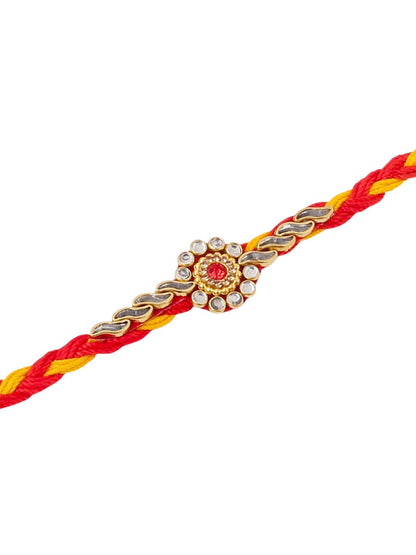 Anouk Men Set Of 3 Red & Yellow Kundan Studded Floral Design Thread Rakhi With Roli Chawal