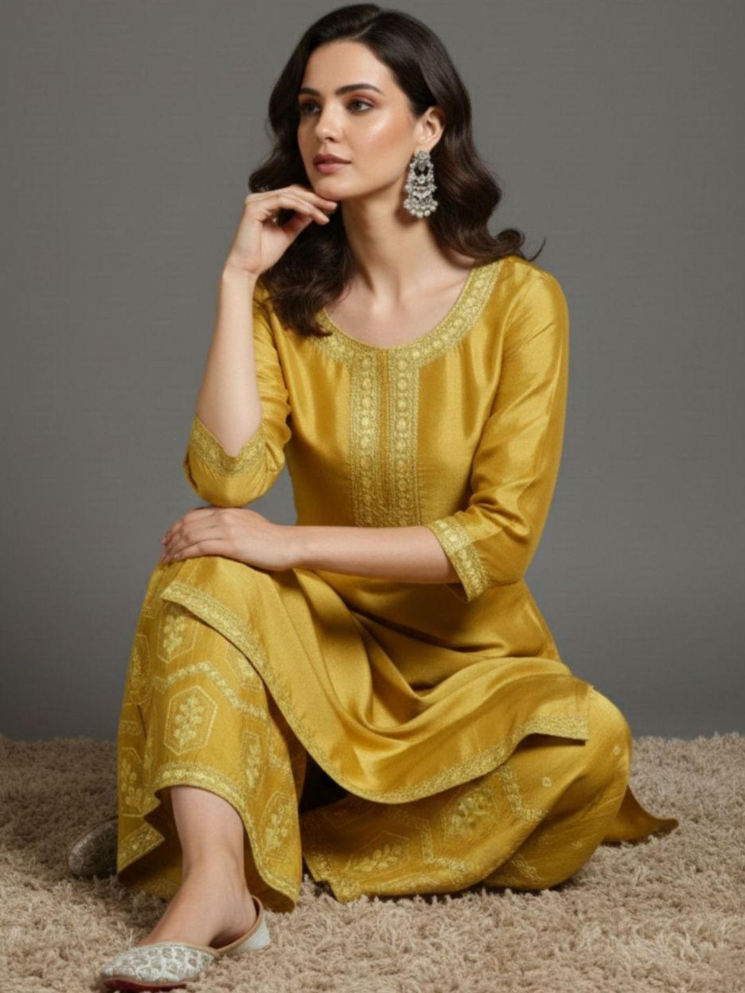Indyancart VA Women Ethnic Motifs Embroidered Regular Thread Work Silk Crepe Kurta with Palazzos & With Dupatta
