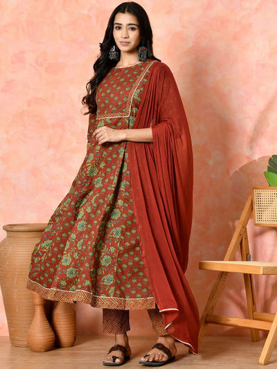 Indyancart SN Women's Floral Printed Pure Cotton Round Neck Anarkali Kurta With Trouser And Dupatta