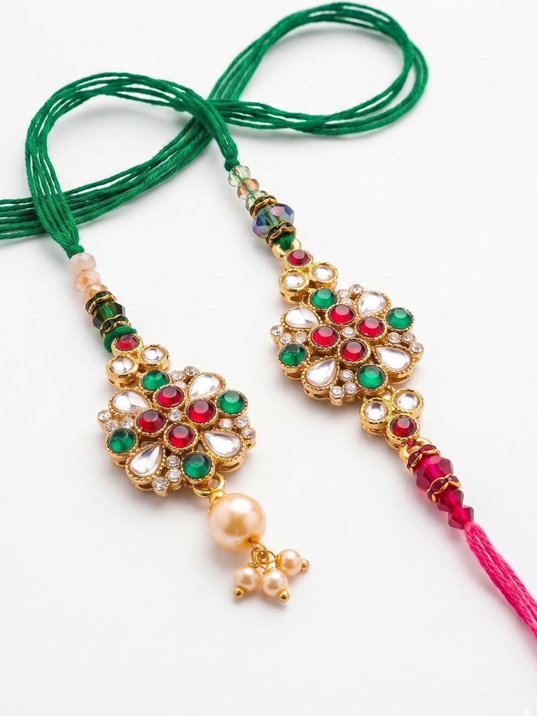 Anouk Set Of 2 Floral Design Kundan Studded Bhaiya Bhabhi Rakhi With Roli Chawal Chandan