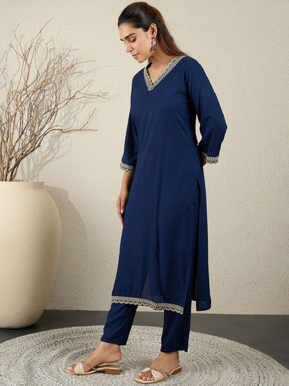 Women Ethnic Motifs Embroidered V-Neck Regular Sequinned Kurta with Trousers